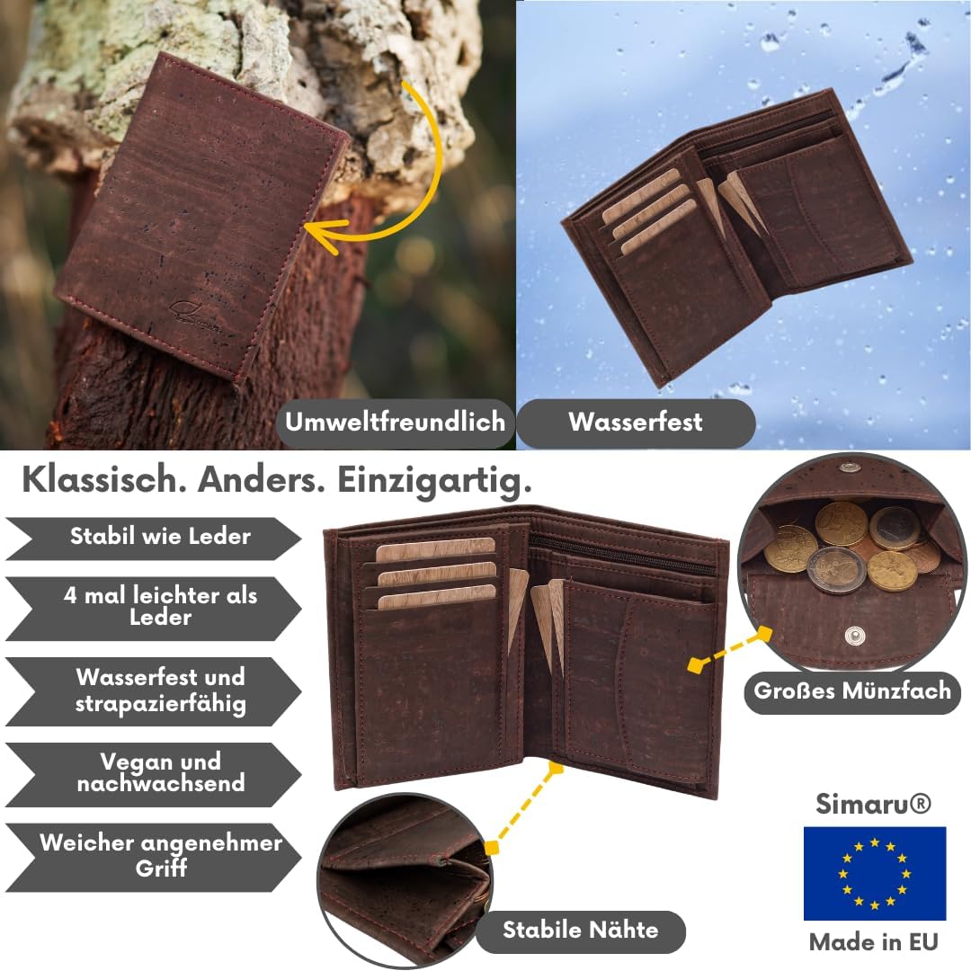 Simaru Geldbörse aus Kork mit RFID Schutz, Portemonnaie vegan für Damen & Herren, Geldbeutel für 10+