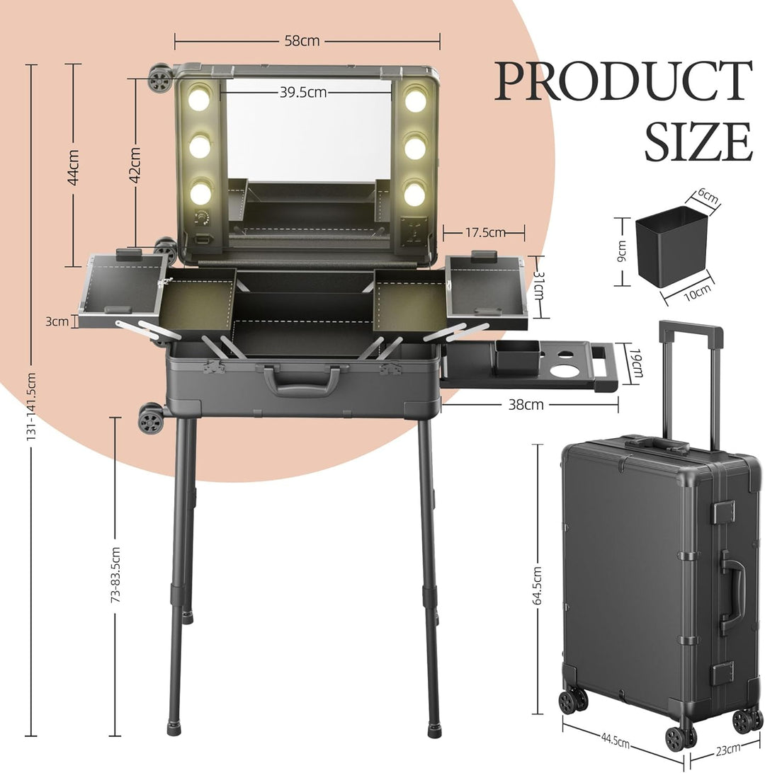 Make-up-Koffer mit Rollen aus Aluminium, grosser Spiegel mit 6 Glühbirnen, Organisation von Kosmetik