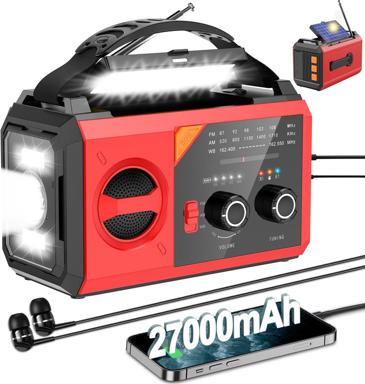 27000mAh Notfallradio mit Kurbel,Solar,Batterie und USB Betriebene,Tragbar AM/FM Wetter Radio mit Bl