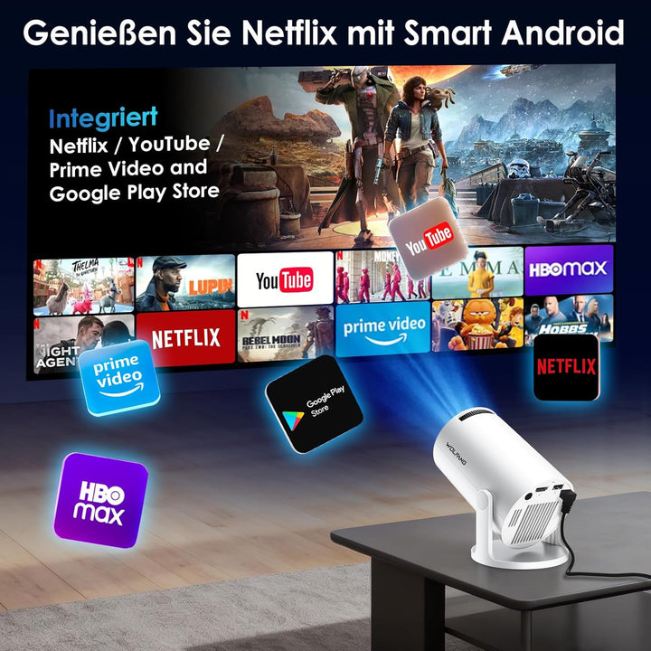 WOLFANG Mini Beamer【Integrierte Apps & WiFi 6】 1080P Tragbarer Projektor mit Bluetooth 5.4 und Auto
