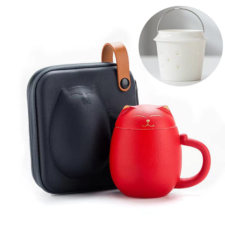 Katzenbecher mit Teesieb und Deckel, Niedliche Teetassen Kawaii-Tasse aus Keramik zum Ziehen, Handge