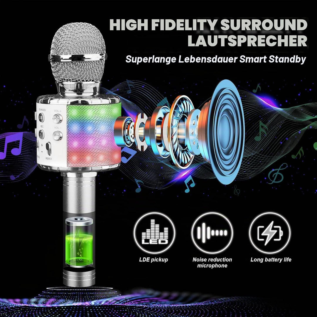 ShinePick Mikrofon Kinder Bluetooth, 4-in-1 Drahtloses Karaoke Mikrofon, Tragbare LED Microphone Spi