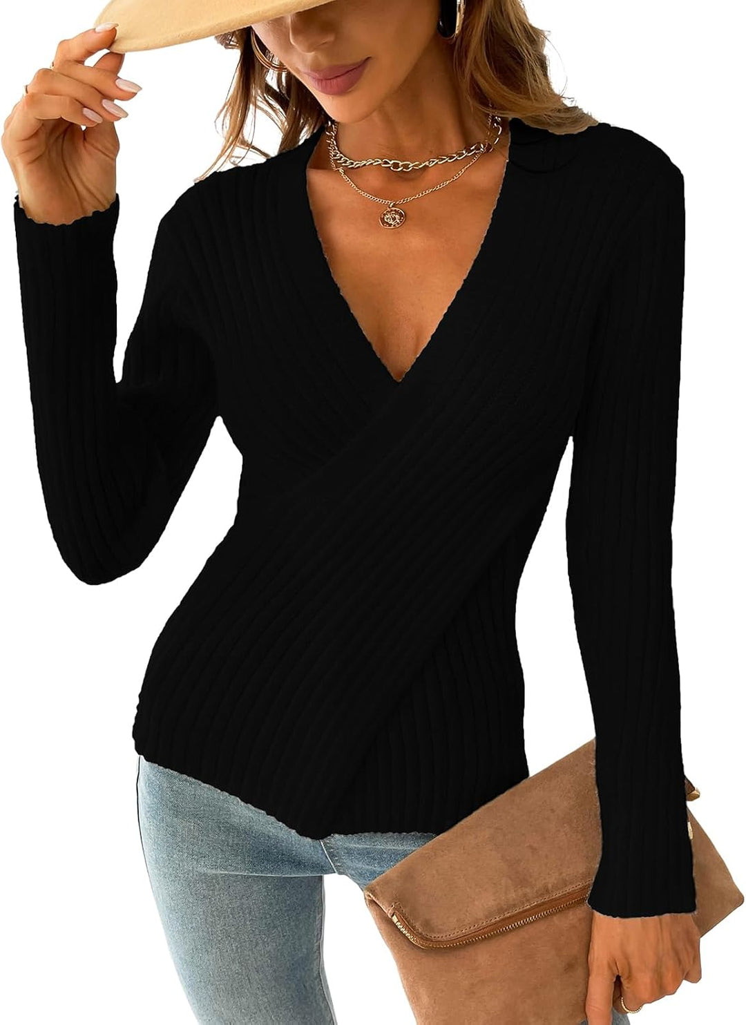 CUPSHE Damen Strickpullover V Ausschnitt Wickeloptik Langarm Crossover Feinstrick Pulli Wickeloberte