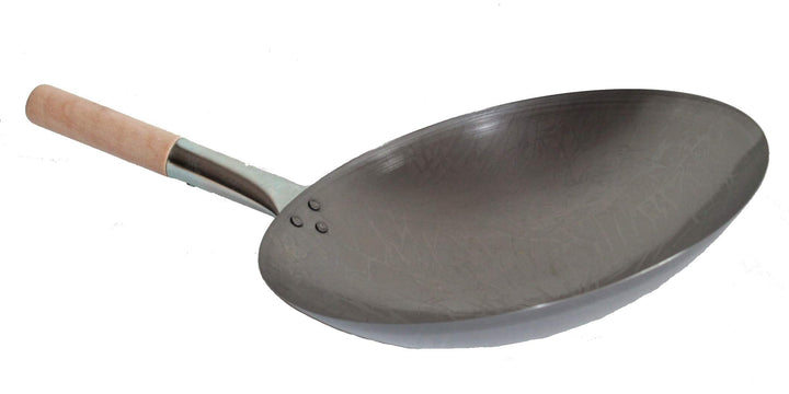 Wok Pfanne runder Boden Ø 34 cm aus Carbon Stahl für Gasherd mit Holzgriff