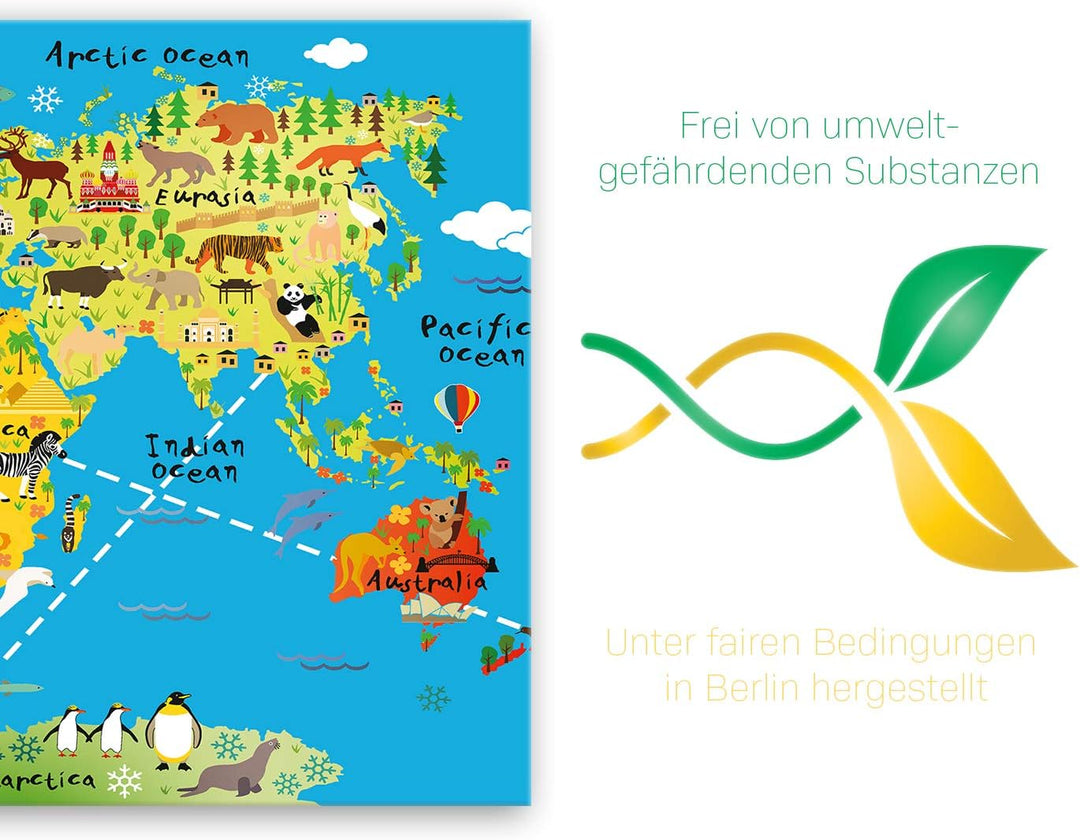 ge Bildet Bild auf Leinwand | Weltkarte für Kinder - Hellblau in 100x70 cm als Wandbild | Wand-deko