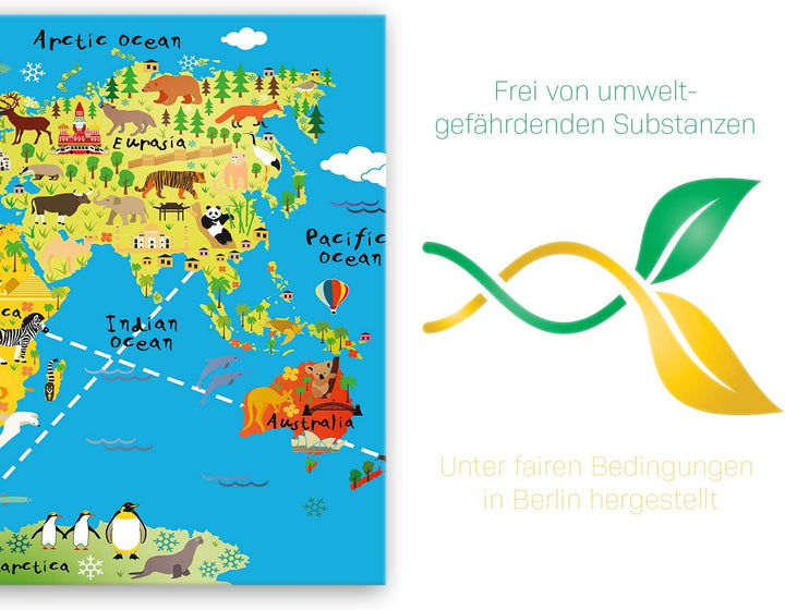 ge Bildet Bild auf Leinwand | Weltkarte für Kinder - Hellblau in 100x70 cm als Wandbild | Wand-deko