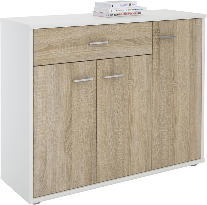 CARO-Möbel Sideboard Estelle Mehrzweckschrank,weiss/Sonoma Eiche mit 3 Türen und 1 Schublade, 88 cm