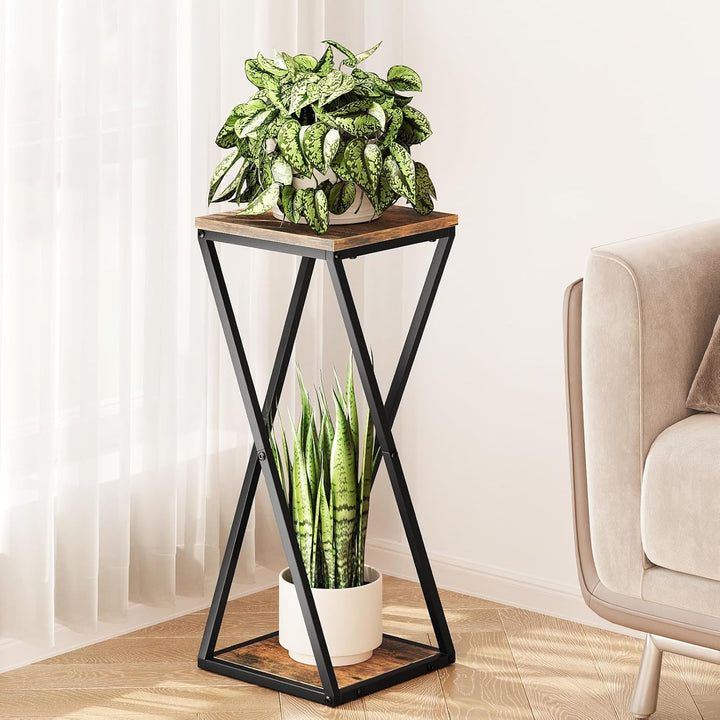 Bamworld Blumenständer Metall mit Holz Ablagen, 2 Ebenen Pflanzenständer im Industrie-Design, Blumen