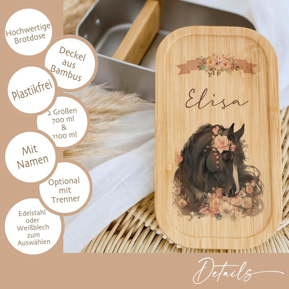 Manufaktur Liebevoll - Personalisierte Brotdose Pferd Pony m. Fächern, Edelstahl Lunchbox I Bambus D