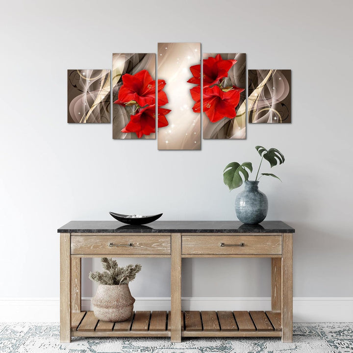 Runa Art Wandbilder Blumen Lilien 5 Teilig Bild auf Vlies Leinwand Deko Wohnzimmer Abstrakt Rot Beig