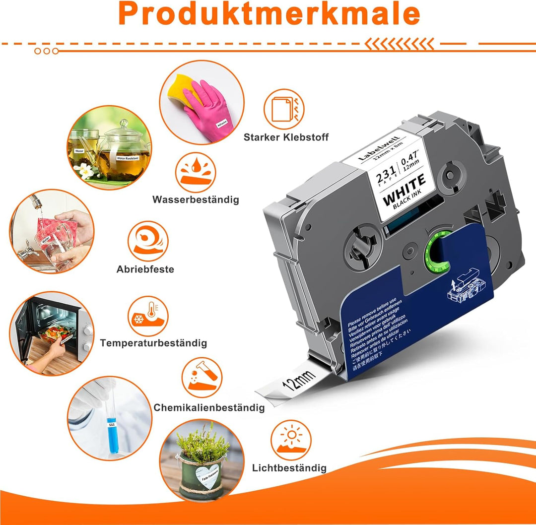 6x kompatibel für TZe-231 TZ 12mm Tape 0.47 Laminated Schriftband für Brother Ptouch Beschriftungsge