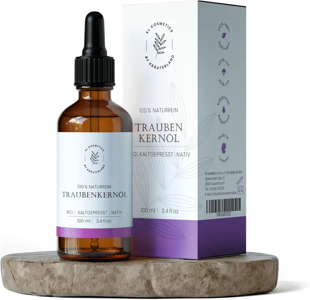 Kräuterland - Traubenkernöl Bio Hautöl 100ml - 100% rein, kaltgepresst - Pflege für Gesicht, Körper,