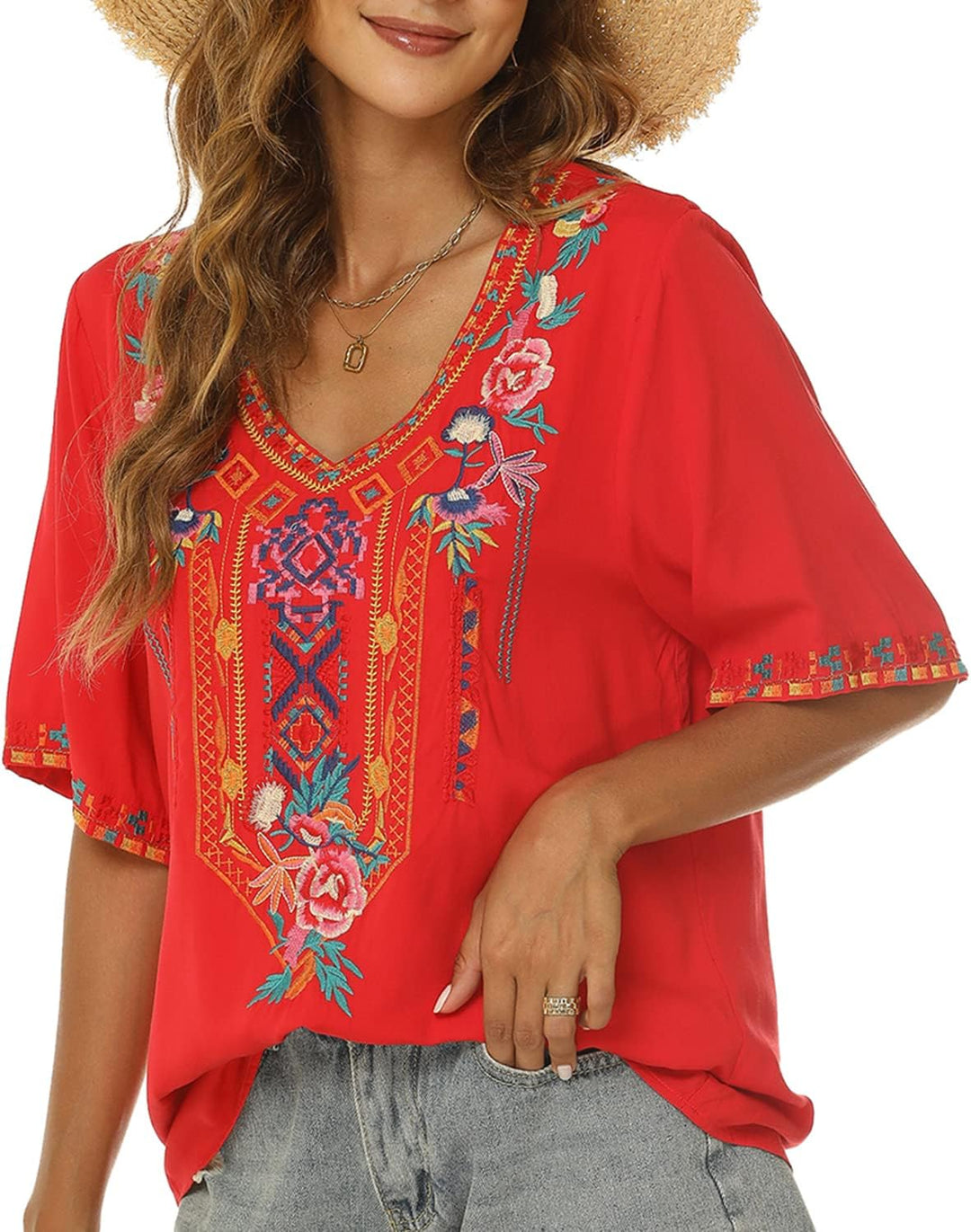 Seasonal Tunika Damen Sommer Boho Bluse Folklore Stickerei Oberteil Trachten Hippie Kleidung Kurzarm
