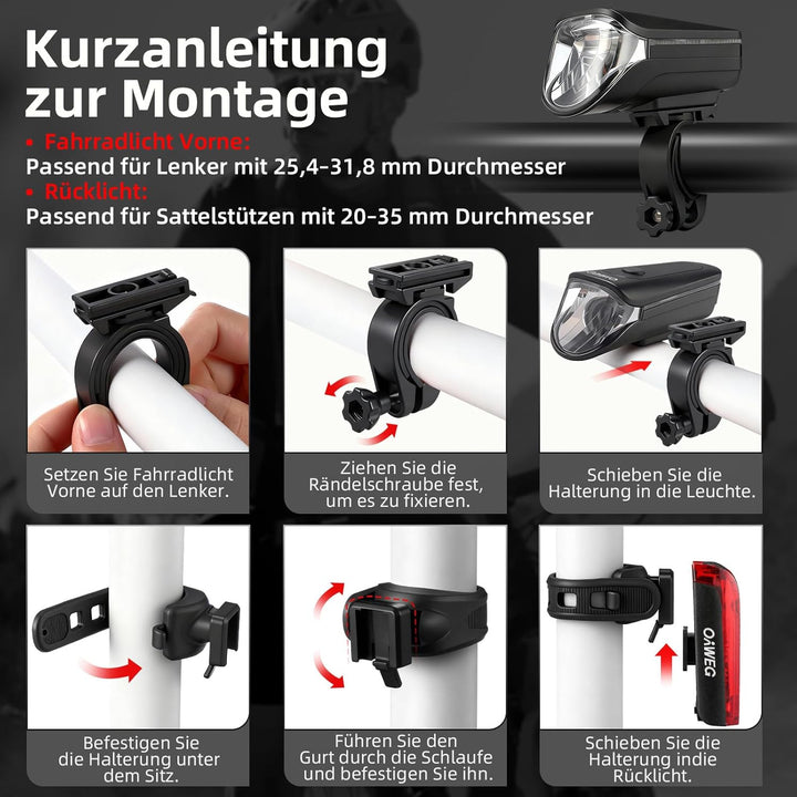 Fahrradlicht Set Fahrradleuchten-Set StVZO-zugelassen Beleuchtungsset, USB-C Aufladbar wasserdicht F