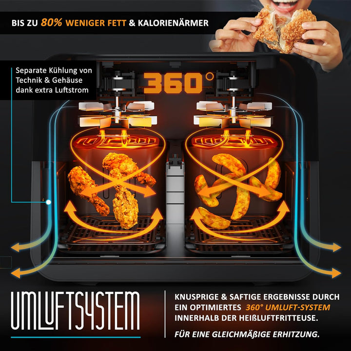 Arendo - XXL Heissluftfritteuse 11 Liter - 2 Kammern mit Fenster - extra Gross Dual Zone - Backofen