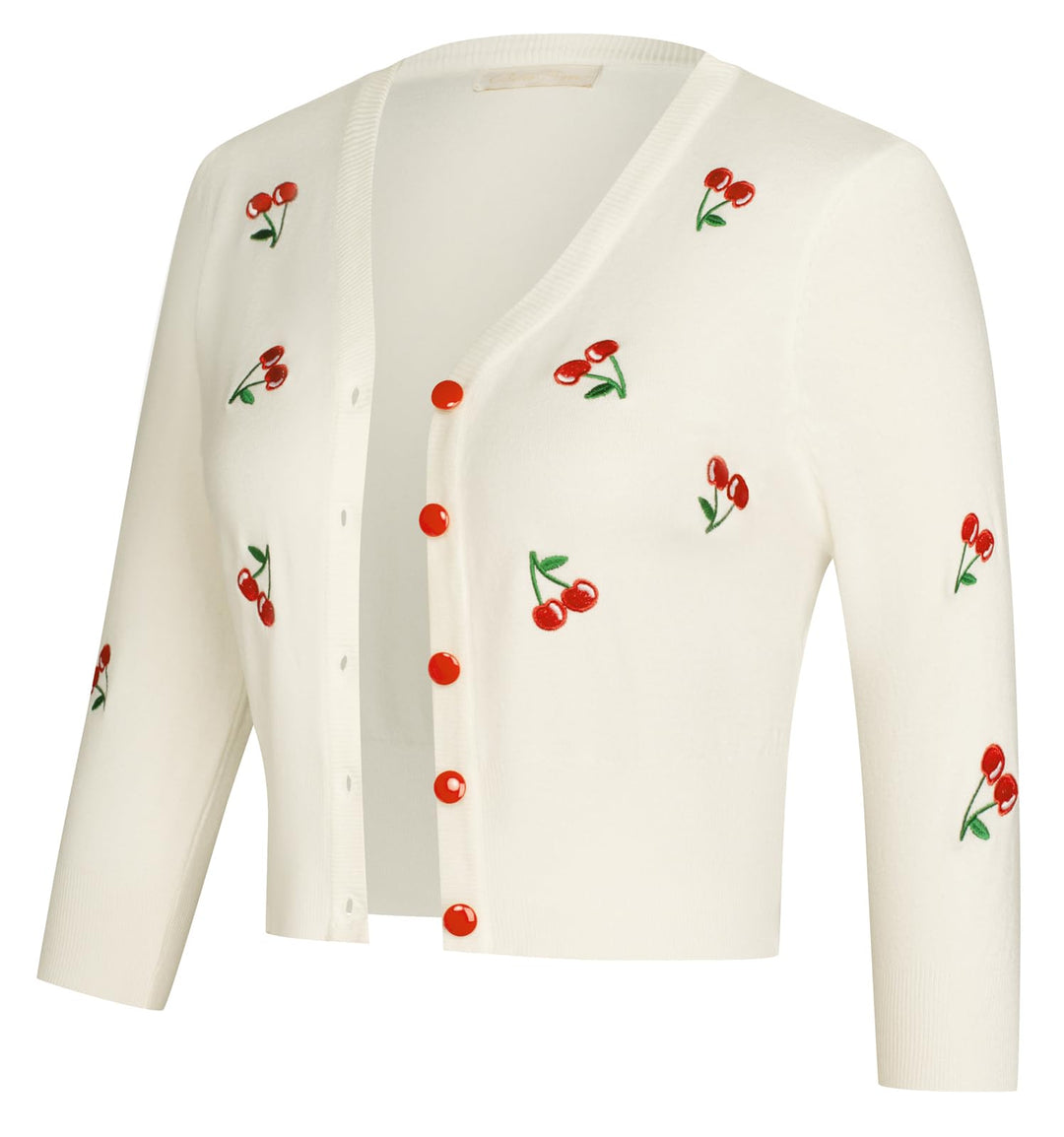 Belle Poque Damen Strickjacke mit 3/4-Ärmeln, V-Ausschnitt, Knopfleiste, Kirschen, Stickerei, Croppe