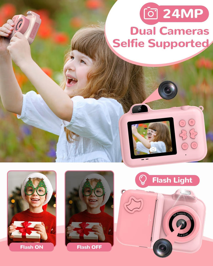 Sofortbildkamera Kinder, 24MP 2.4 Zoll Bildschirm Kinderkamera Sofortbildkamera mit Selfie, 32G Kart