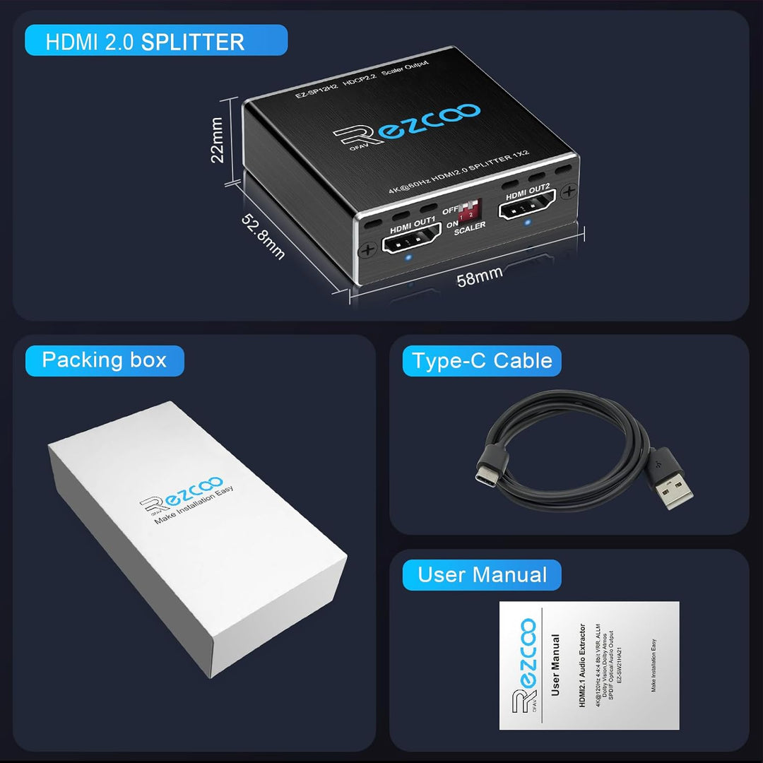 4K 60Hz HDMI Splitter 1x2 1080P 120Hz HDCP2.2 HDR 18Gbps UHD Dolby Vision Atmos EDID Scaler 4K 1080P
