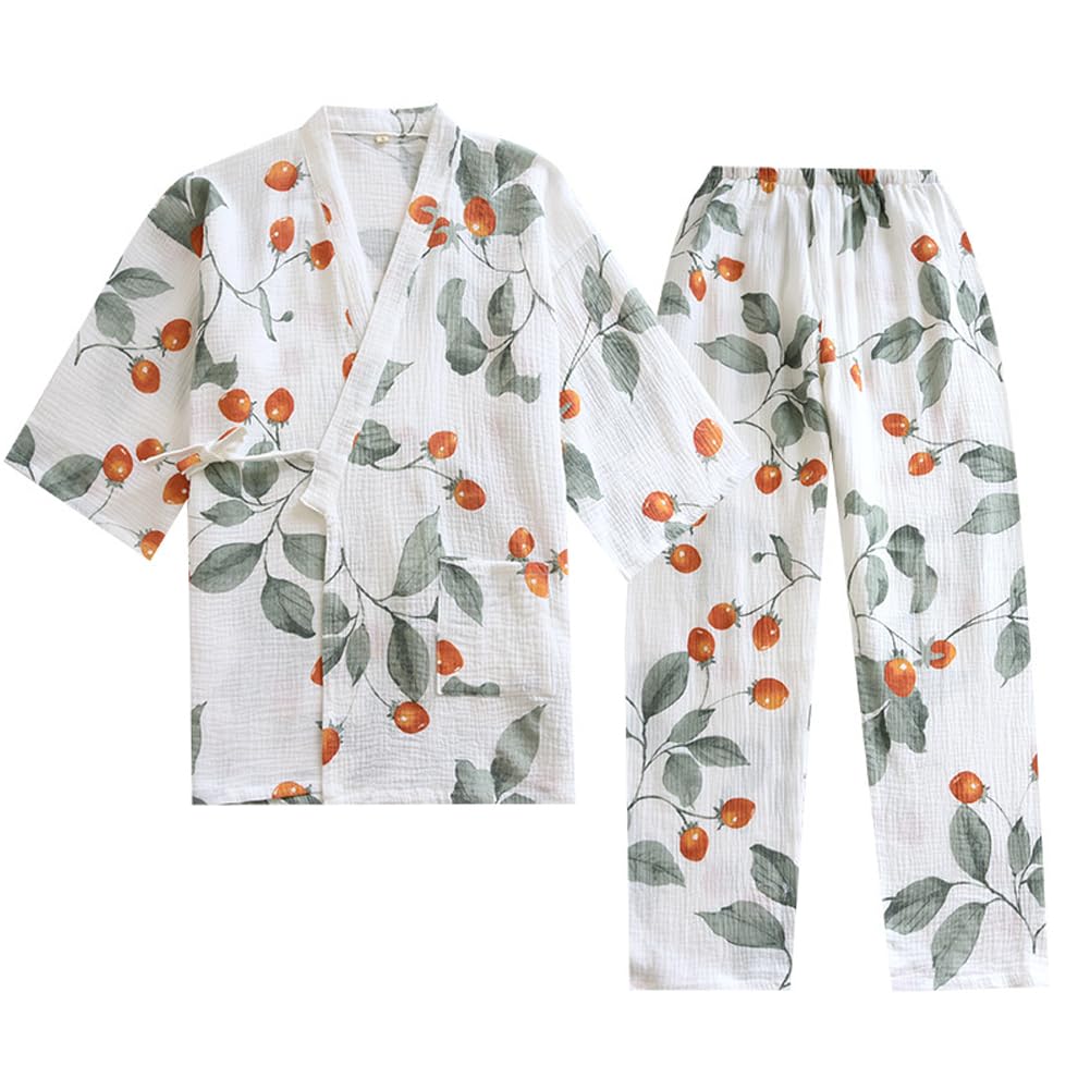 OWLONLINE Weicher Reiner Pyjama aus Baumwollkrepp für Damen, japanischer Kimono-Pyjama Multicolor-06
