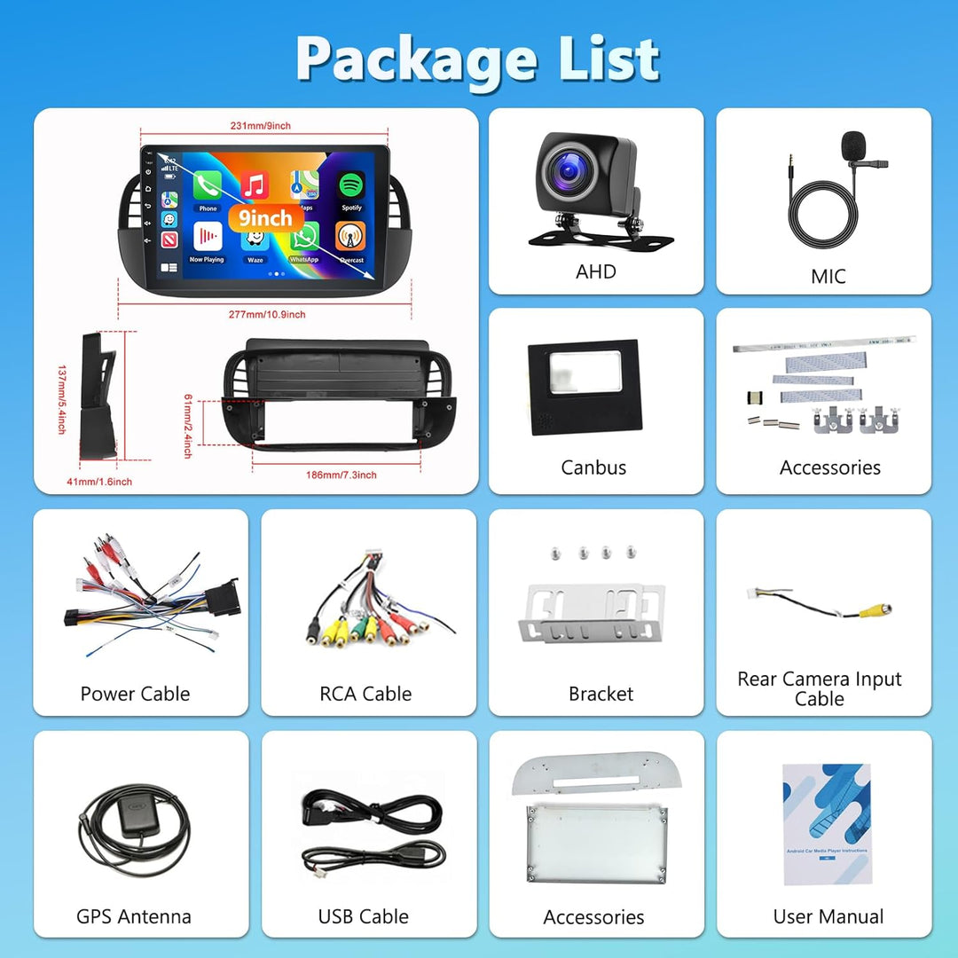 Carplay Autoradio für FIAT 500 2007-2015, 2GB+64GB Bildschirm Car Stereo mit Wireless Android Auto G