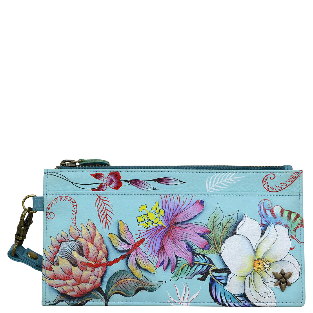 Anuschka Handbemalte Organizer Clutch mit Handschlaufe aus echtem Leder RFID-Schutz Jardin Bleu, Jar