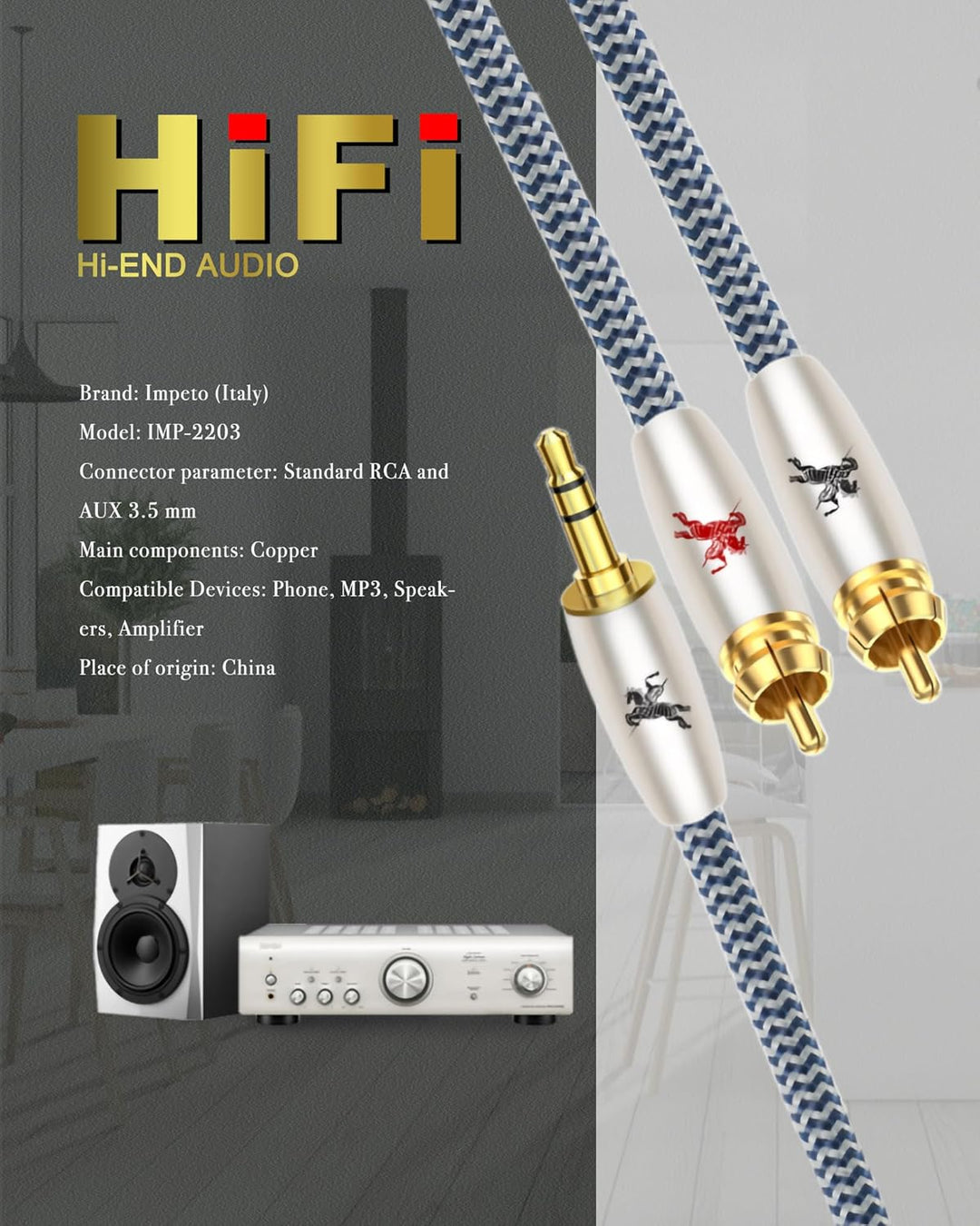 Impeto Cinch auf Klinke 3.5 Y Kabel Adapter [1m] Aux auf 2 RCA kabel Audio Kabel, 6N OFC 3,5mm Klink