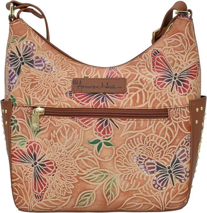 Anuschka Klassische Handbemalte Hobo Tasche aus echtem Leder mit beschlagenen Seitenfächern Tooled B