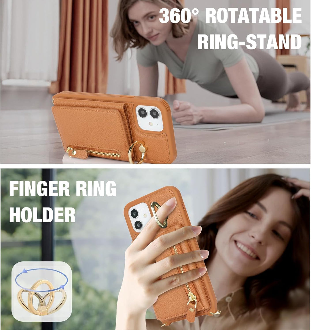 ELTEKER Handyhülle für iPhone 12 Mini Hülle mit Band Kartenfach Handykette Ringhalterung Geldbörse,L