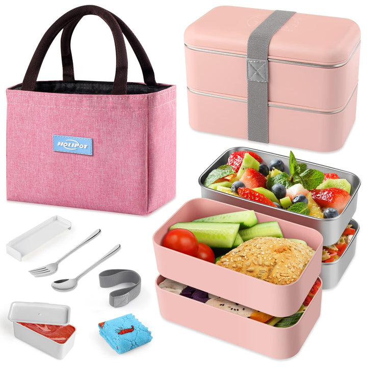 Bento Box, Lunchbox Brotdose mit Fächern 2 Ebenen mit 2 Stück Umweltfreundlichen PP & Edelstahlbehäl
