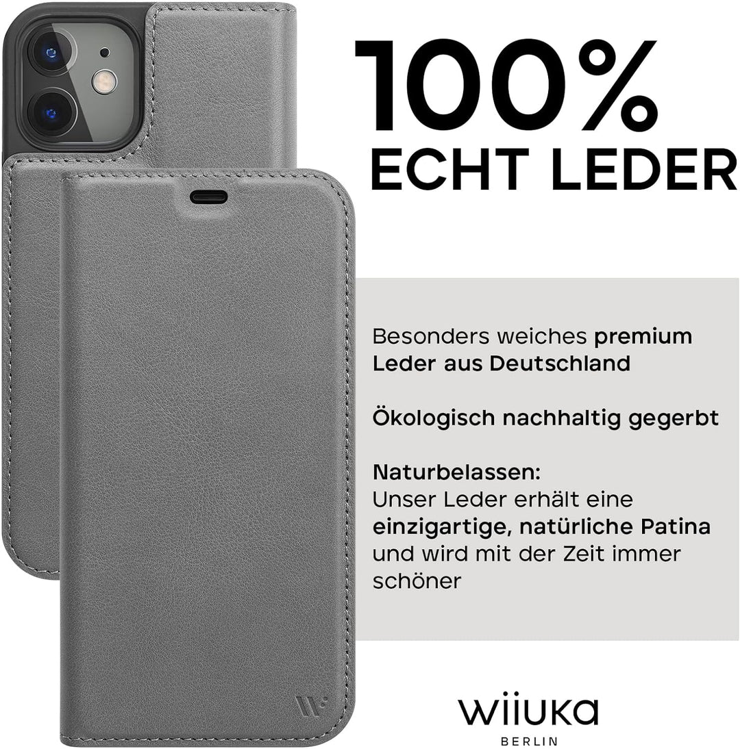 WIIUKA Hülle für iPhone 12 Mini, Lederhülle, Deutsches Premium Leder, mit Kartenfach, extra Dünn, Ha
