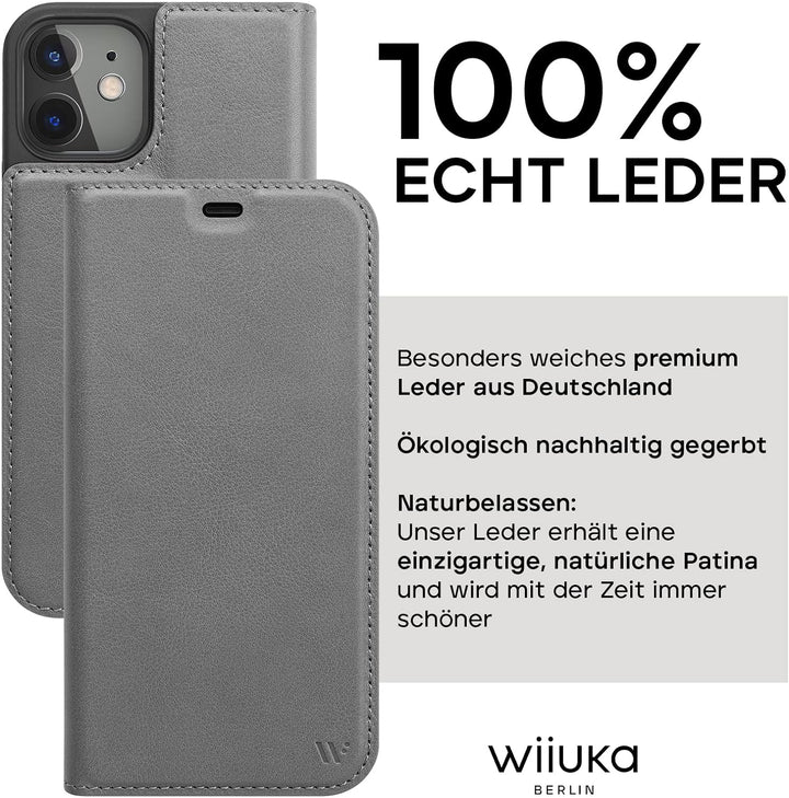 WIIUKA Hülle für iPhone 12 Mini, Lederhülle, Deutsches Premium Leder, mit Kartenfach, extra Dünn, Ha