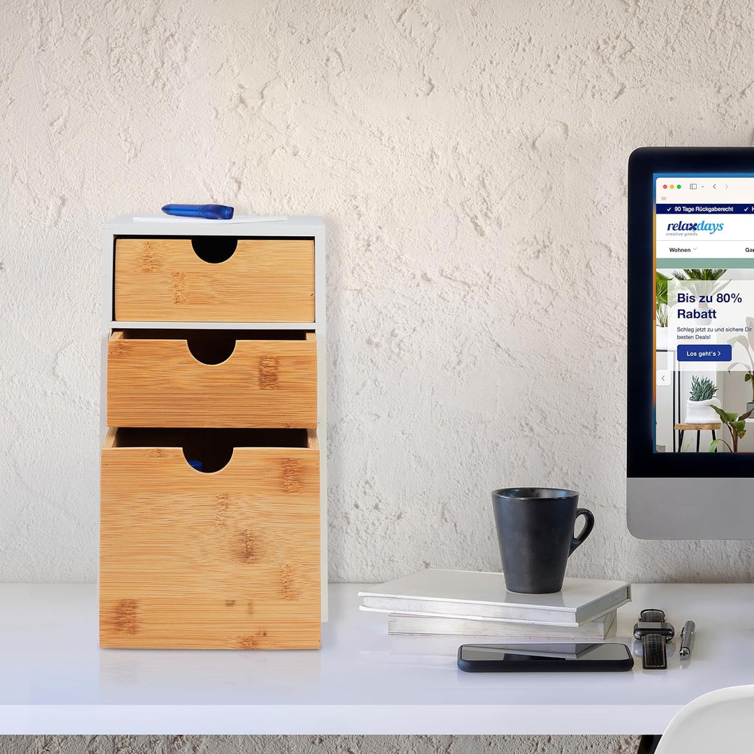 Relaxdays Schubladenbox, Bambus & MDF, HBT: 28x17x21,5 cm, Mini-Kommode 3 Schubladen, Schreibtisch O
