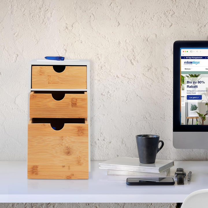 Relaxdays Schubladenbox, Bambus & MDF, HBT: 28x17x21,5 cm, Mini-Kommode 3 Schubladen, Schreibtisch O