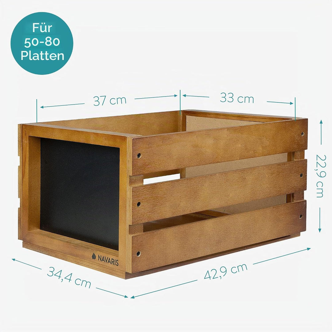 Navaris Holz Schallplatten Kiste mit Kreidetafel - 42,9 x 34,4 x 22,9 cm - für bis zu 80 LP Platten