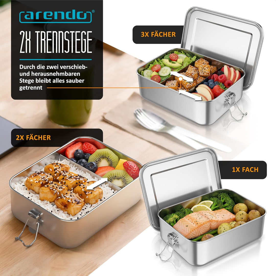 Arendo - Lunchbox Edelstahl – Brotdose 1200 ml – mit Fächern – zwei entnehmbare Trennwände - auslauf