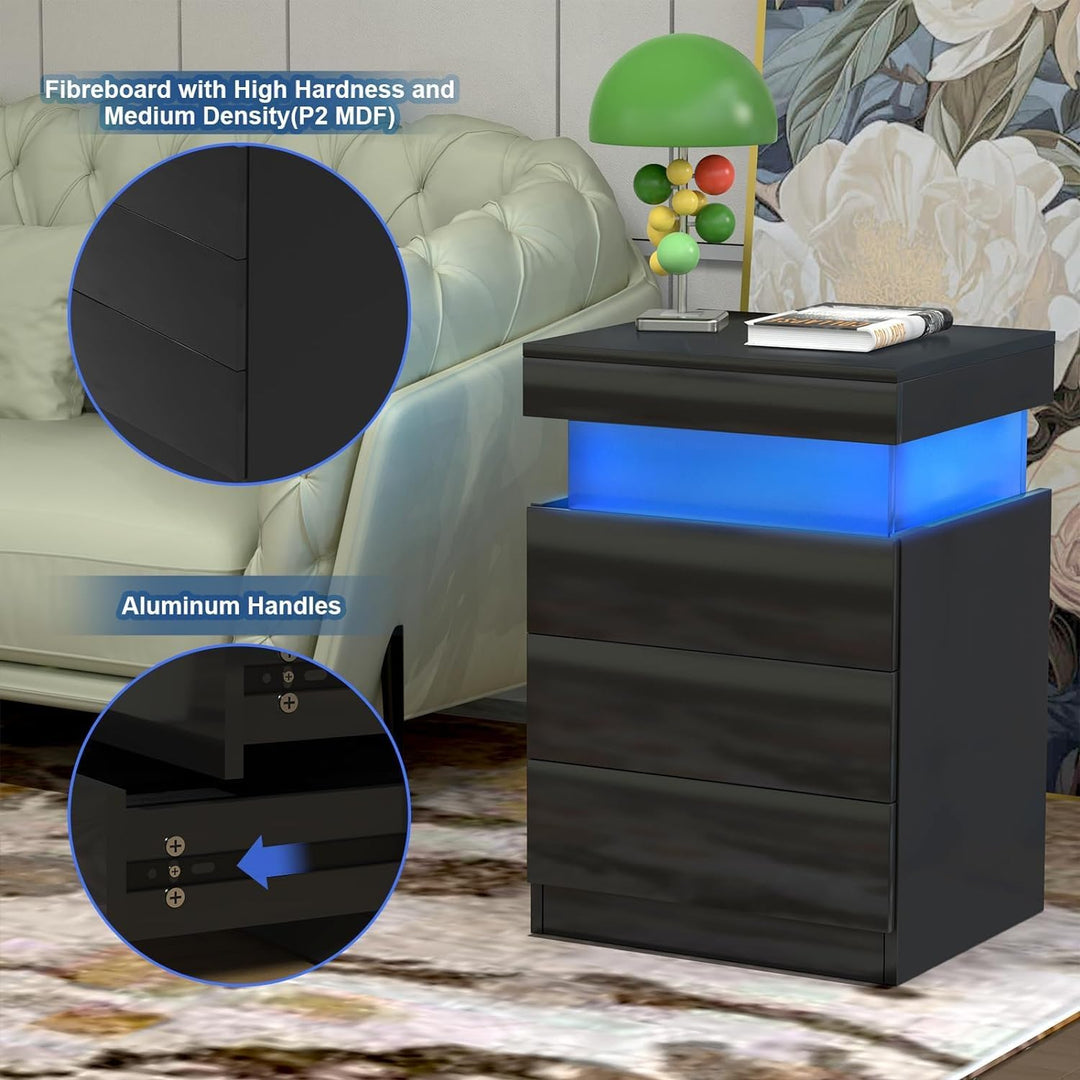 PIPIPOXER Nachttisch Schwarz 2er Set, Nachtschrank mit Led Licht und Steckdose USB, Nachtkommode mit