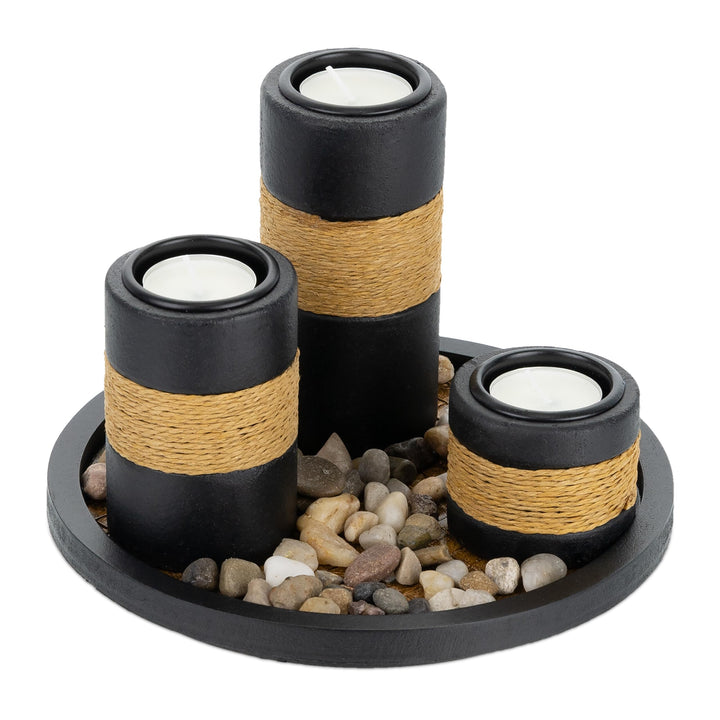 Relaxdays Teelichthalter Set mit Tablett & Steinen, Ø 19,5 cm, Tischdeko Wohn- & Esszimmer, Kerzenha