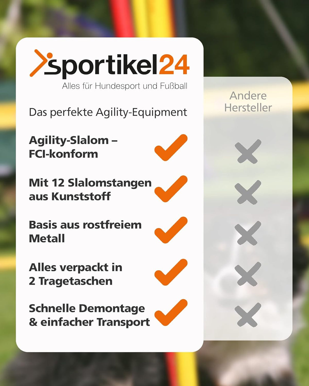 Agility-Slalom – Slalom für Turnier & Agility-Training – mit 12 Stangen & und Basis aus Metall – sta