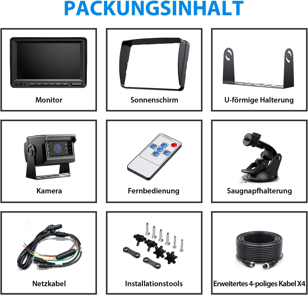 Rückfahrkamera Set, 7-Zoll HD Dual Split Screen Monitor, IP69 Wasserdicht Rückfahrkameras, IR Nachts