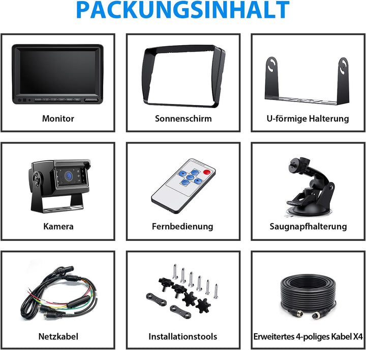 Rückfahrkamera Set, 7-Zoll HD Dual Split Screen Monitor, IP69 Wasserdicht Rückfahrkameras, IR Nachts