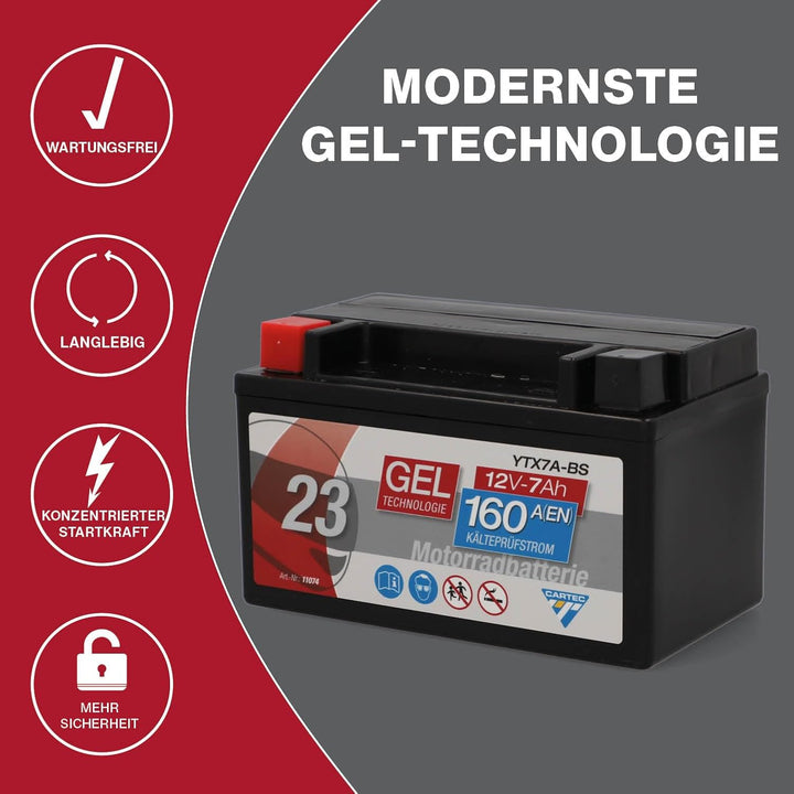CARTEC Motorradbatterie YTX7A-BS, 6Ah, 90A, Gel Technologie Motorrad-Starter-Batterie, Erstausrüster