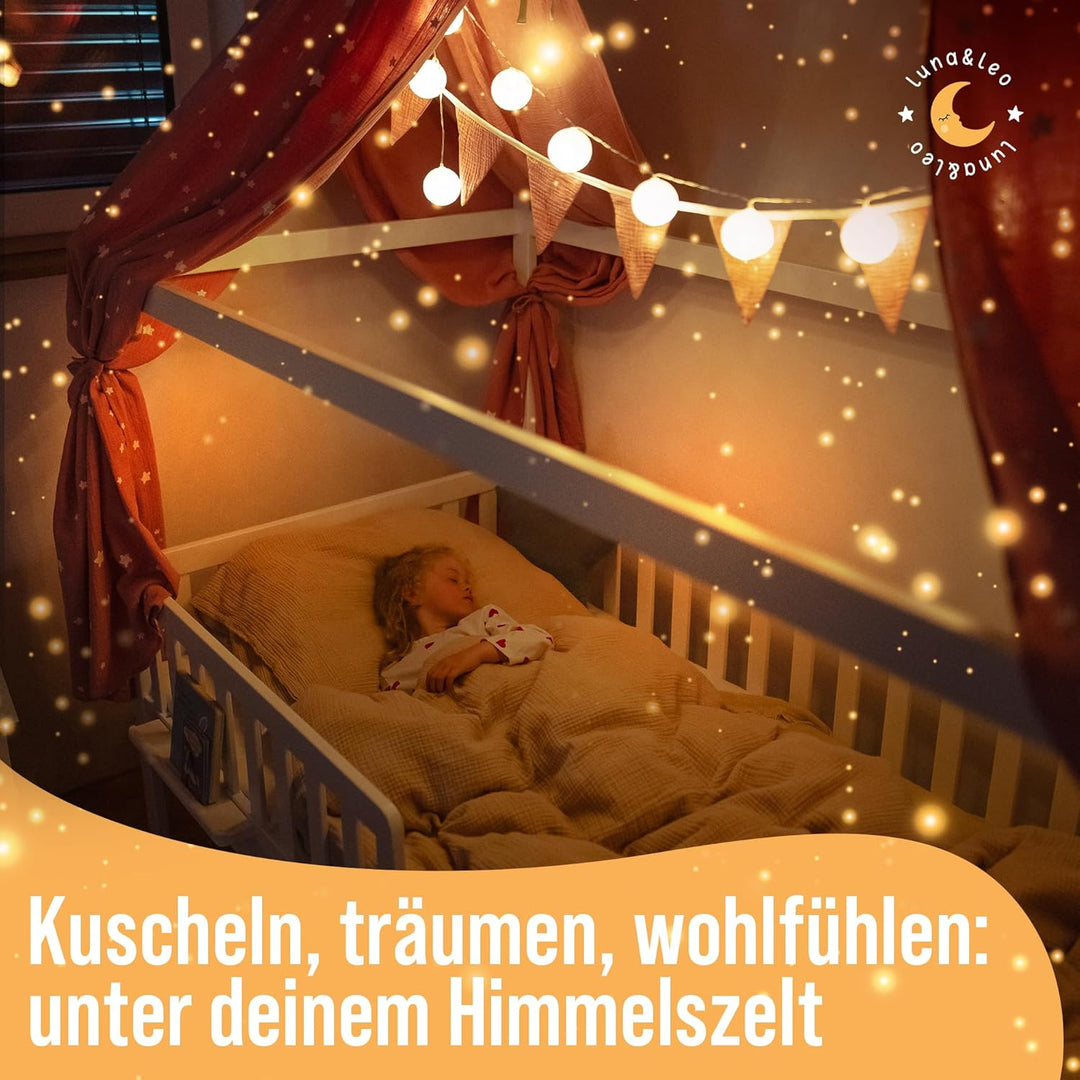 Luna & Leo Hausbett Himmel - mit Sternendruck [Bio Musselin Baumwolle] Handmade | Himmelbett Vorhäng