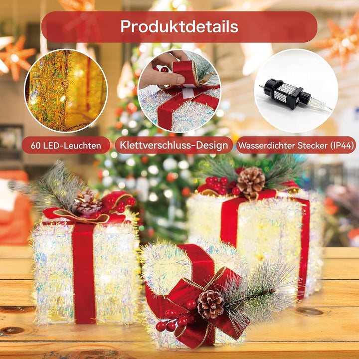 3er Set LED Geschenkbox Weihnachten, Beleuchtete Deko Geschenke mit 60 LEDs, 8 Lichtmodi & Timer, We