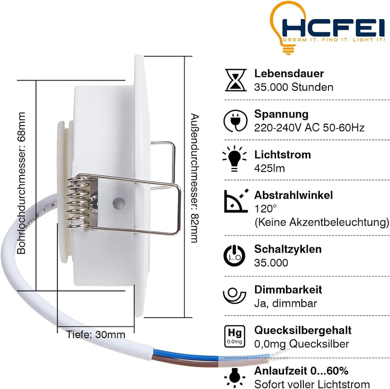 HCFEI 10er set LED Einbaustrahler dimmbar schwenkbar 5W flach 230V Einbau-Spot Strahler Einbauspot 6