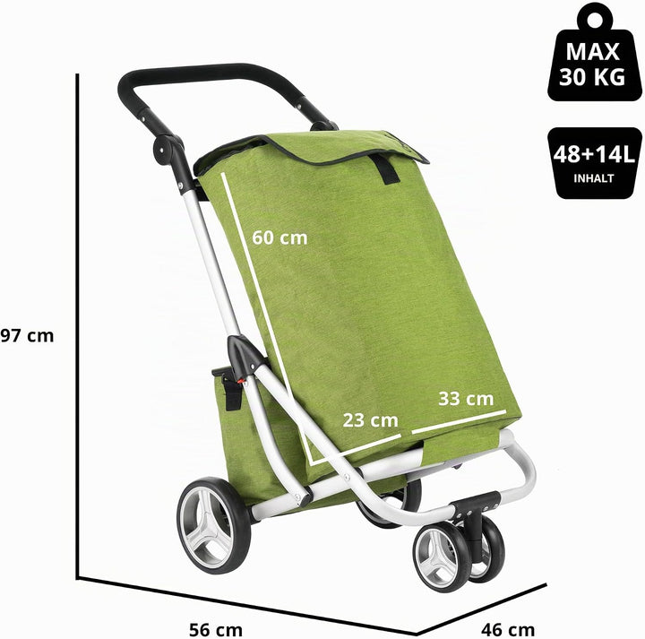 Cruiser Einkaufswagen Shoppingtrolley 59 Liter 3 Räder mit 14 ltr Kuhltasche (grün), 97 x 56 x 46cm,
