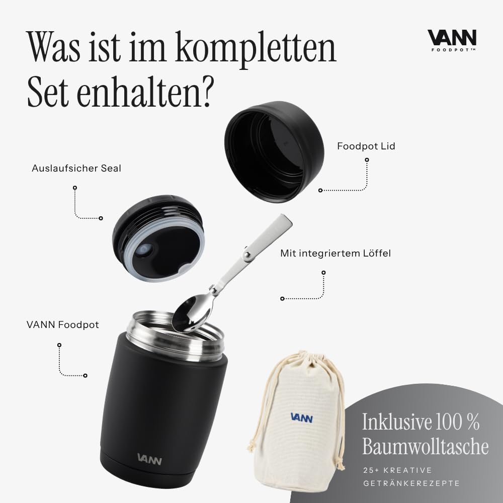 VANN Thermobecher für Essen 450 ml – Thermobehälter [16h kalt, 9h warm] – Recycelte Edelstahl Thermo