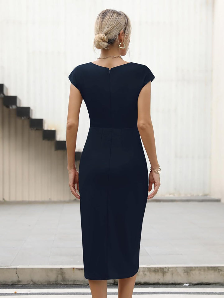 Missufe Damen Cocktailkleid Wickelkleid Partykleid Midikleid Elegant Bodycon Figurbetontes Sommerkle