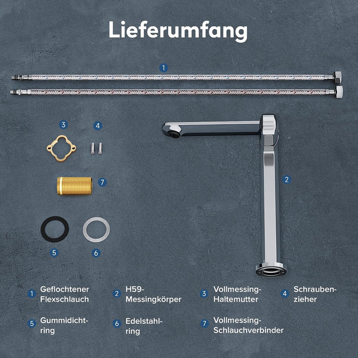 doporro Wasserhahn Bad Silber, Waschtischarmatur Hoch 259 mm Auslaufhöhe | Waschbecken Armaturen mit
