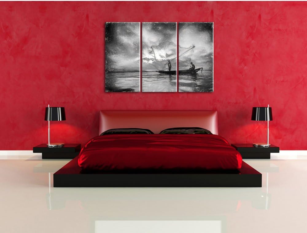 Pixxprint Fischer am fischen mit Wurfnetz Kohle Effekt 3-Teiler Leinwandbild 120x80 Bild auf Leinwan
