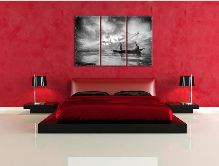 Pixxprint Fischer am fischen mit Wurfnetz Kohle Effekt 3-Teiler Leinwandbild 120x80 Bild auf Leinwan